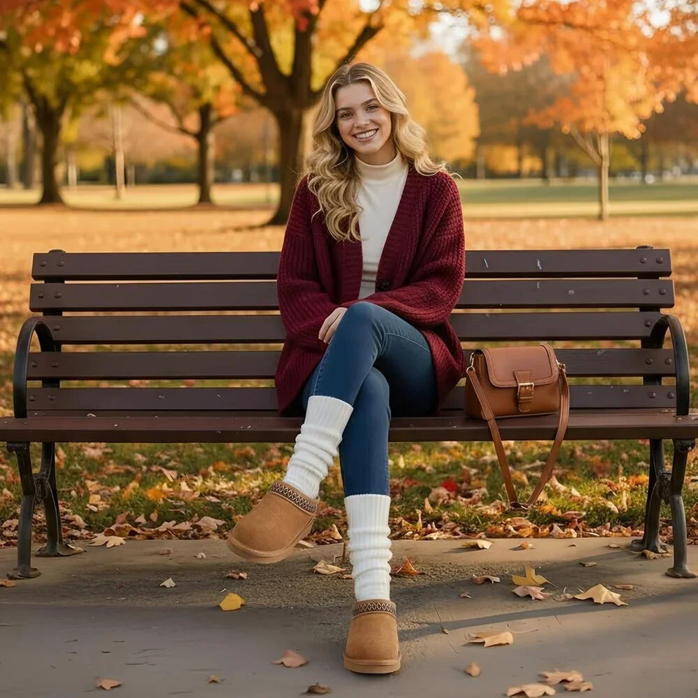 Women's Suede Mini Boots Winter Fuzzy Snow Boots Short Ankle Boot Fur Chestnut